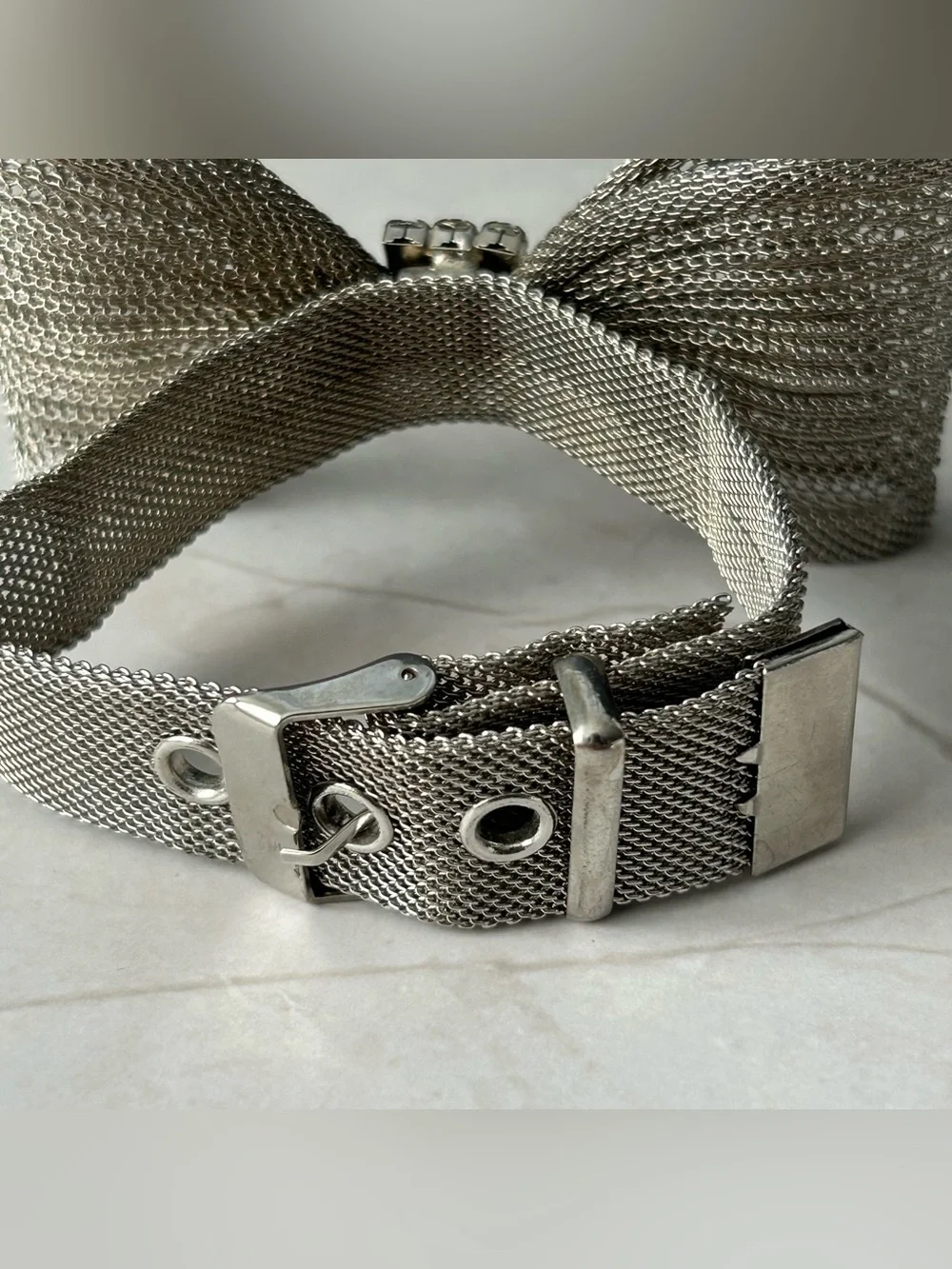 Silver Mesh Bow Bracelet with Crystal Accent